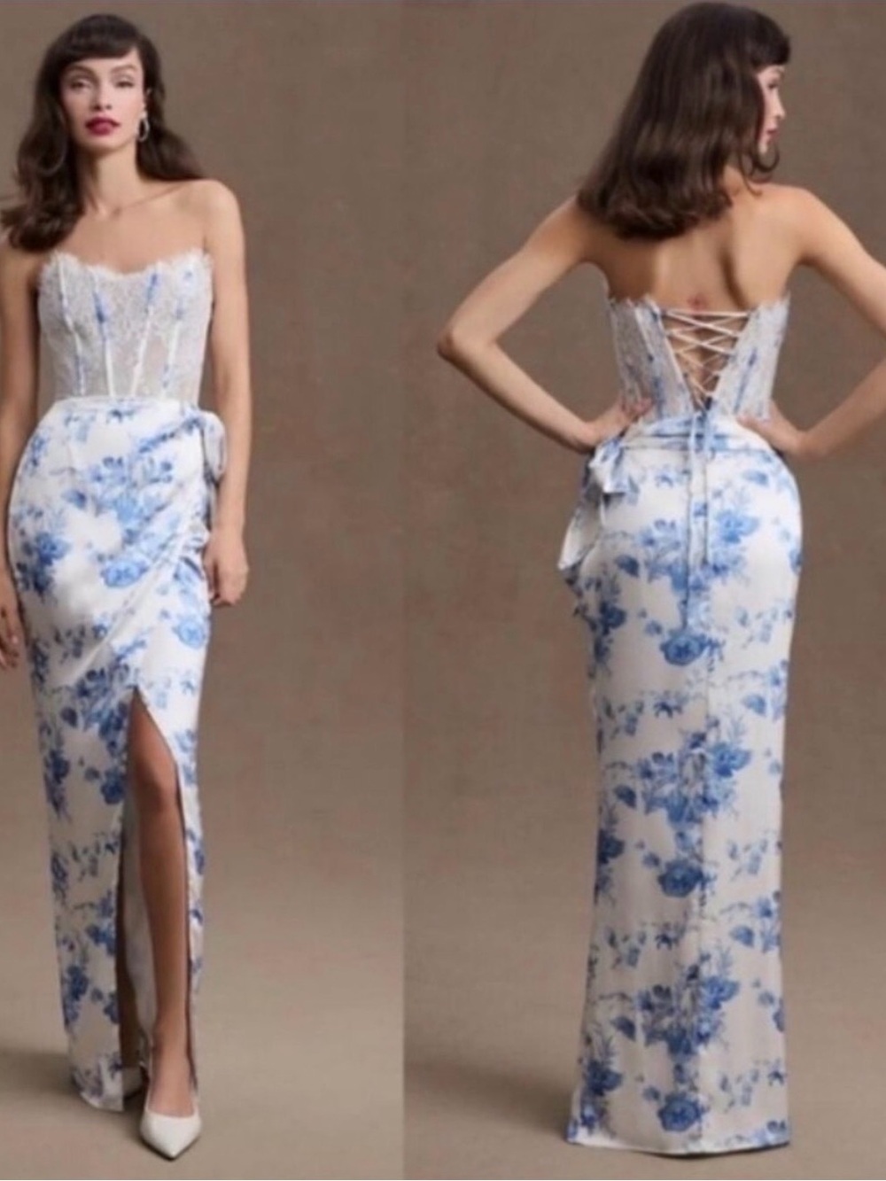 Anthropologie Strapless White Dress with Blue Floral Print